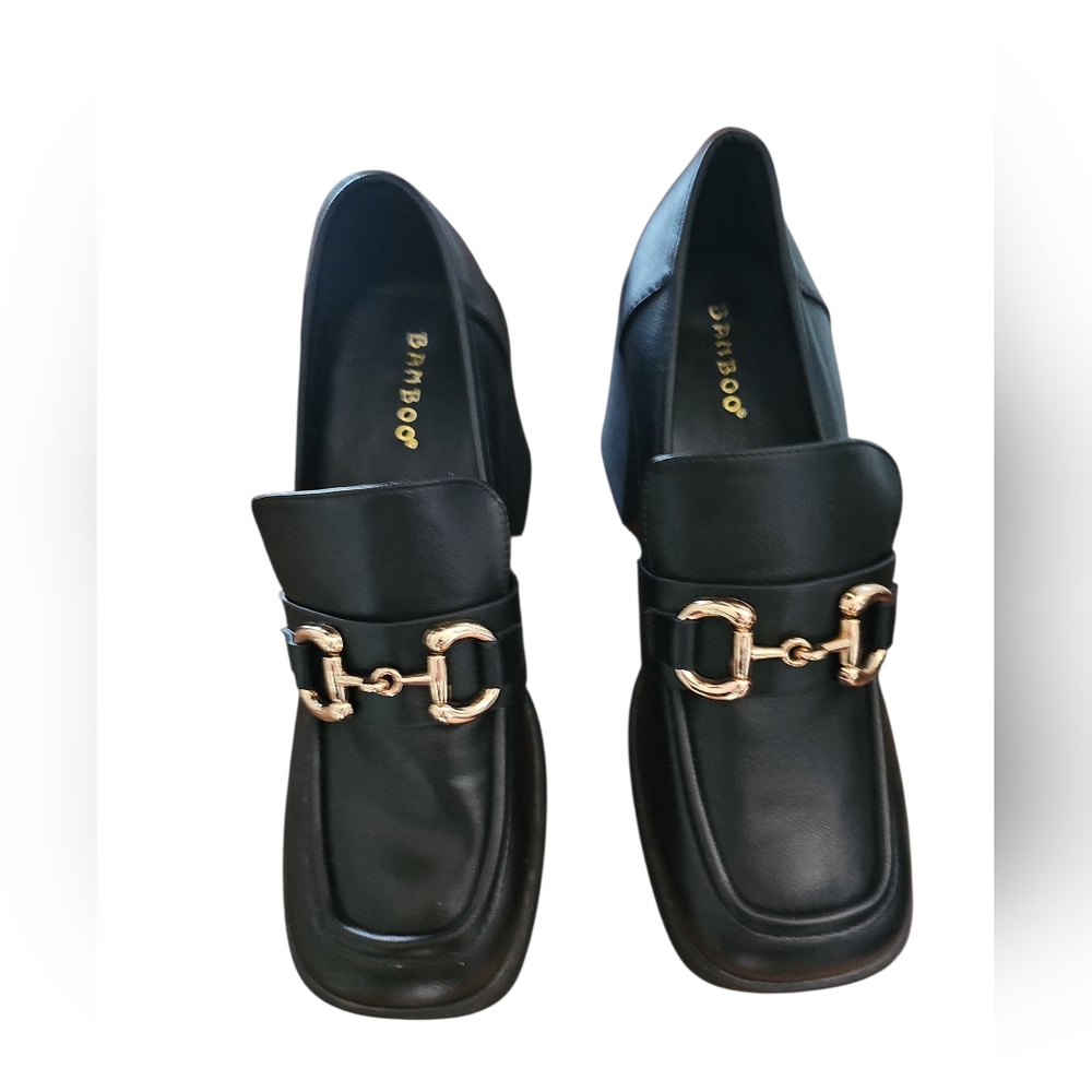 BAMBOO Black Chunky Slip On Loafers With Gold Accent Size 10. NWOT - Picture 2 of 7